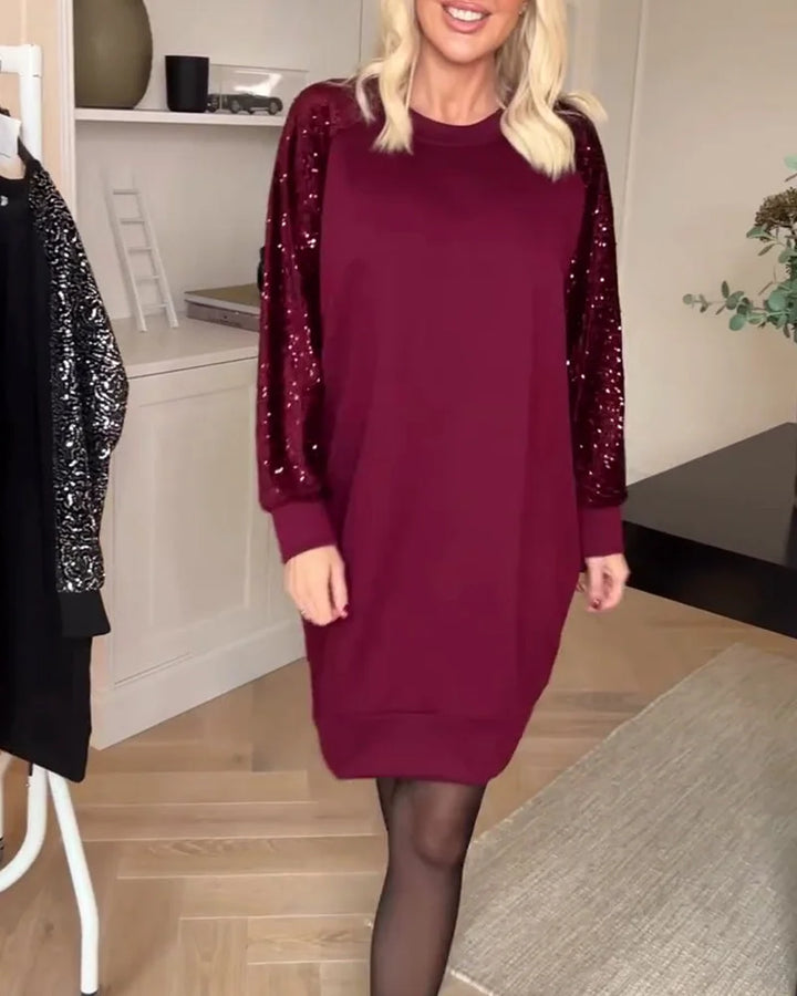 Cunningham - Rochie Cu Guler Rotund și Mâneci Lungi cu Paiete