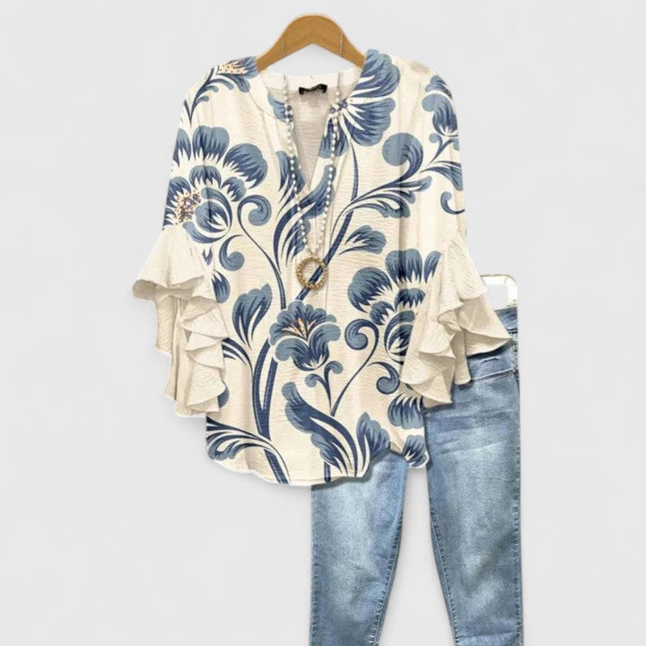 Juria – Bluză cu Imprimeu Floral și Mâneci cu Volane