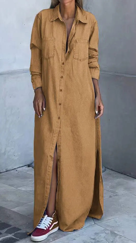 Chondona - Rochie Din Denim Cu Mâneci Lungi Și Revere