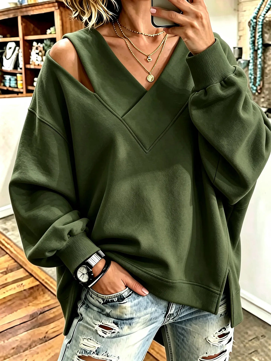 Kirstan - Hanorac Oversized Elegante cu Decupaj și Guler în V