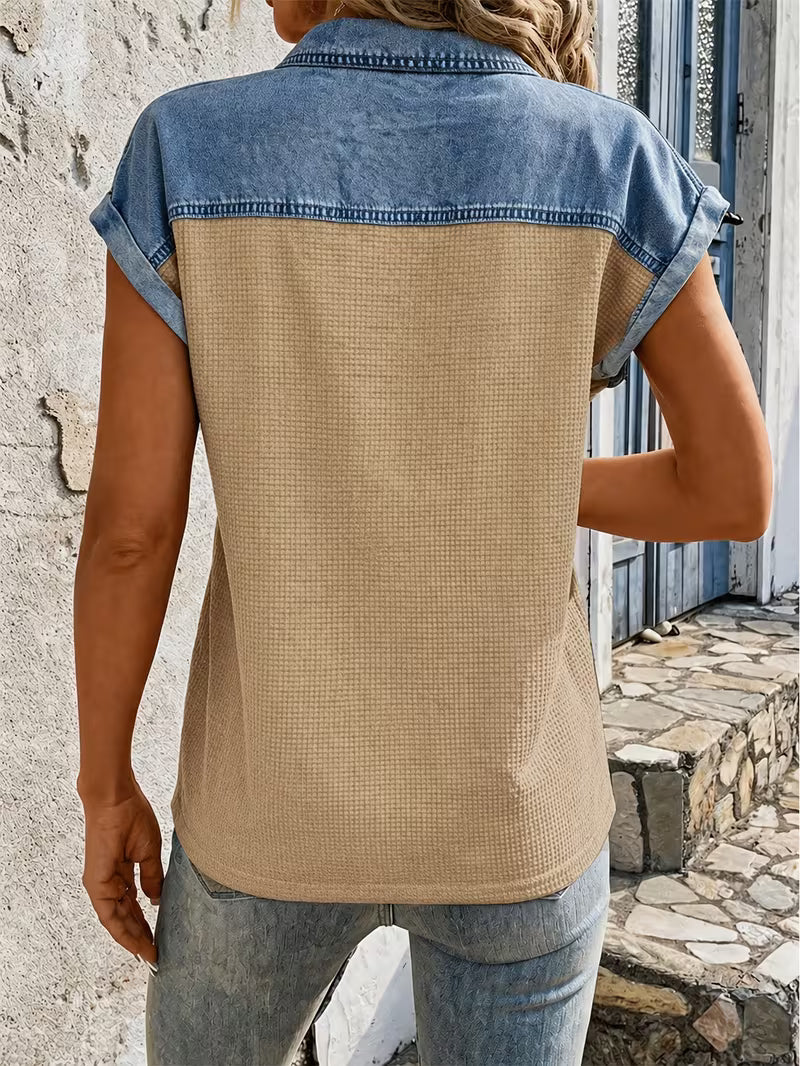Haily - Bluză Casual Din Denim cu Guler Patchwork și Mâneci scurte
