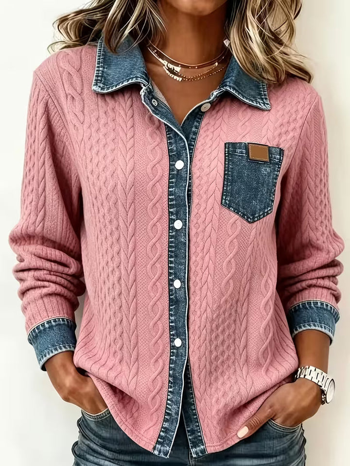 Eryna – Tricou cu Mâneci Lungi cu Model împletit în Formă de Cablu și Guler Din Denim
