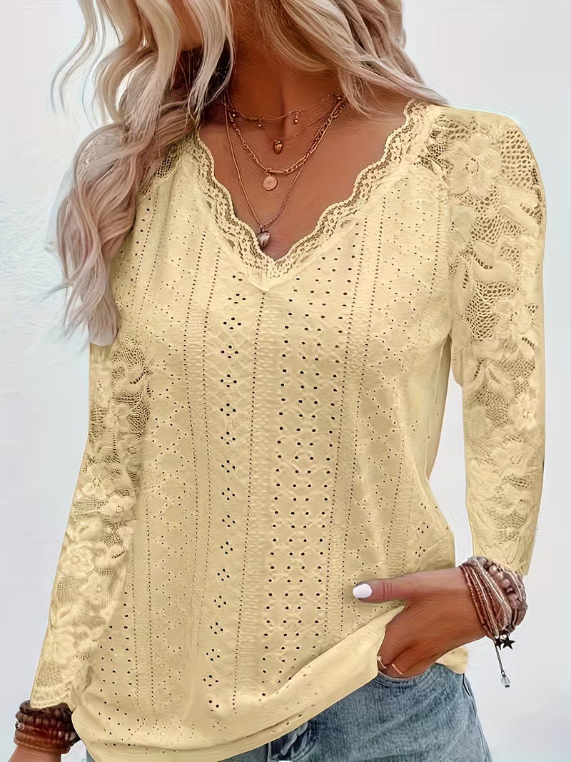 Shaleva - Cămașă Elegantă cu Mâneci Lungi și Decolteu în V Din Dantelă