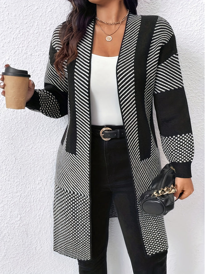 Zhamilya - Longline Geometric Knit Open Front Cardigan