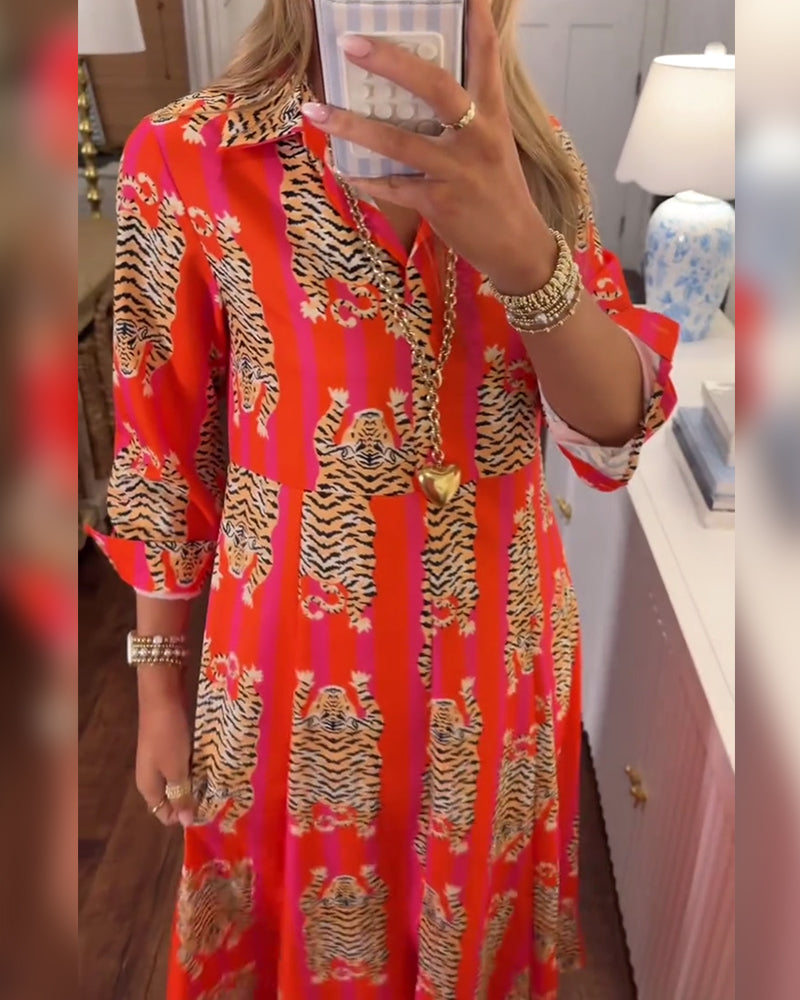 Sinney - Rochie Maxi Cu Imprimeu și mMâneci Lungi