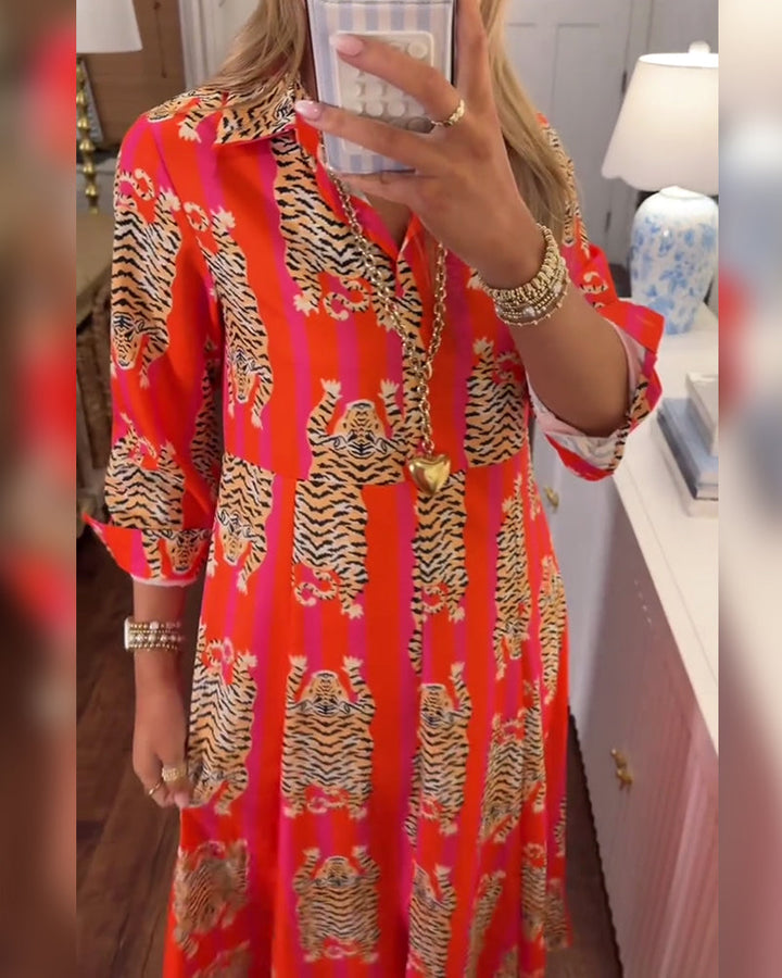 Sinney - Rochie Maxi Cu Imprimeu și mMâneci Lungi