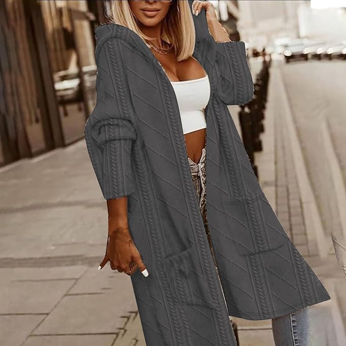 Cytheria - Cardigan Cu Glugă, Tricotat Cu Model Lung Si Cabluri