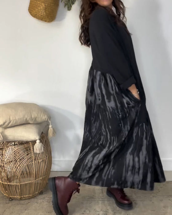 Dragica - Rochie Cu Guler Rotund și Imprimeu Patchwork Neregulat