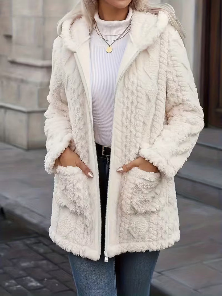 Elima – Cardigan Cu Glugă, Din Pluș, Cu Fermoar, PE Ambele Părți