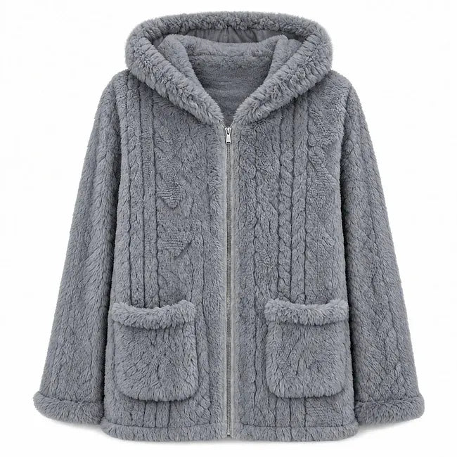 Nazija - Cardigan Casual Din Pluș, Cu Glugă
