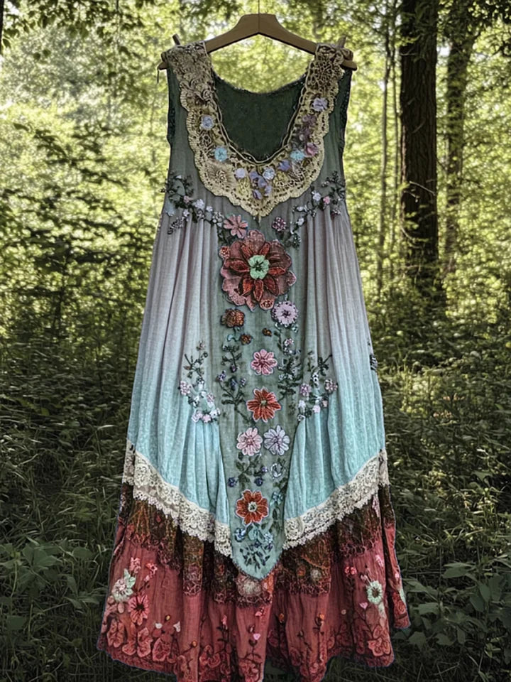 Evabella - Rochie Fără Mâneci Din In, Cu Imprimeu Patchwork