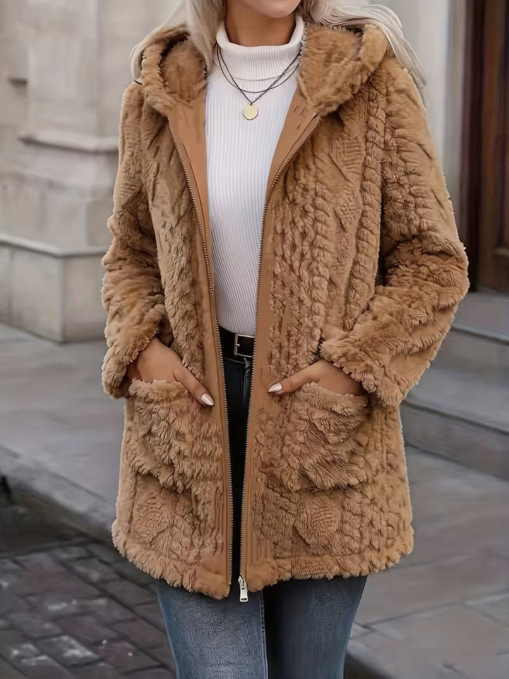 Elima – Cardigan Cu Glugă, Din Pluș, Cu Fermoar, PE Ambele Părți