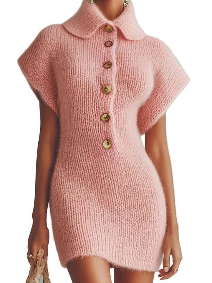 Ceyda - Rochie Mini Tricotată Cu Nasturi în Față