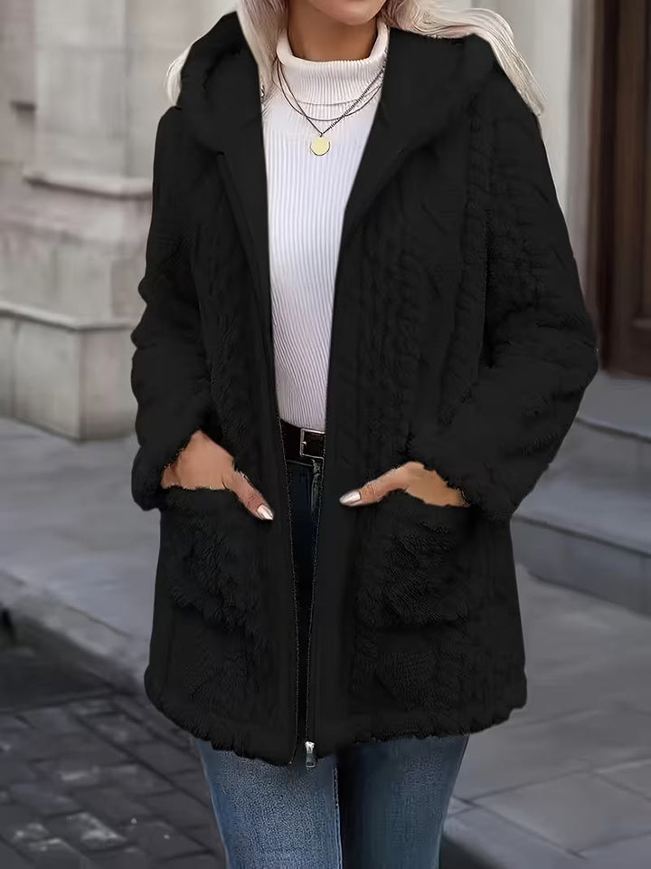 Elima – Cardigan Cu Glugă, Din Pluș, Cu Fermoar, PE Ambele Părți
