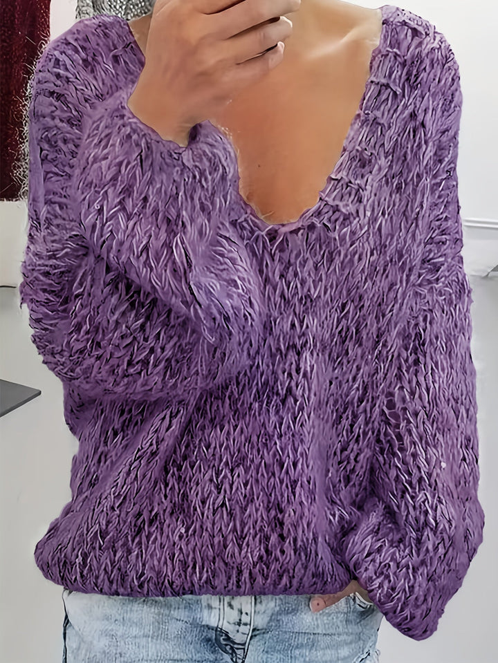 Vriona - Pulover Tricotat Cu Mâneci Lungi și Decolteu în V