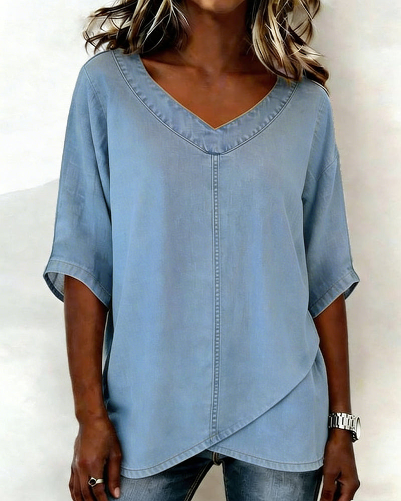 Laritza - Bluză Casual Din Denim Cu Decolteu În V