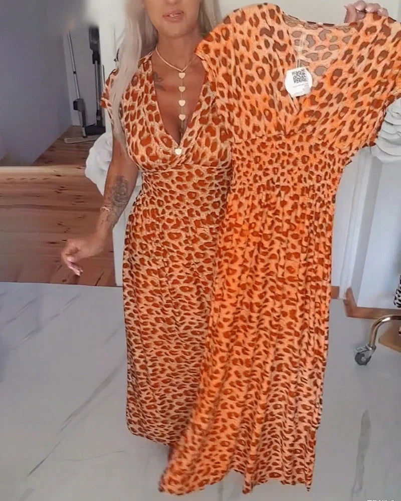 Erendira - Rochie Elegantă Cu Decolteu în V și Imprimeu Leopard