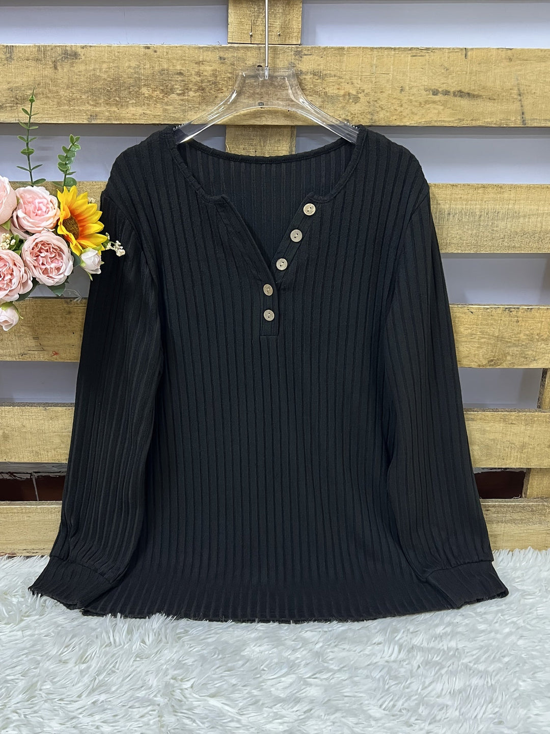 Keeler - Tricou Henley Cu Mâneci Lungi Cu Nervuri Și Nasturi