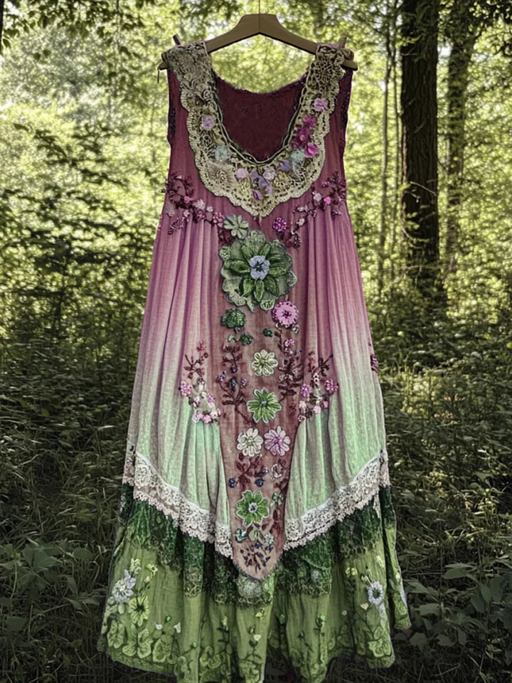 Evabella - Rochie Fără Mâneci Din In, Cu Imprimeu Patchwork