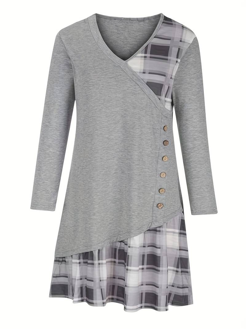 Alinor - Rochie Casual cu Mâneci Lungi în Carouri și Patchwork