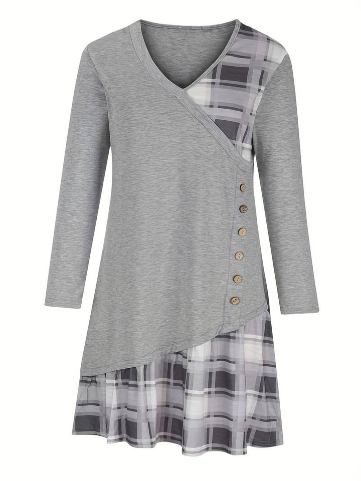 Alinor - Rochie Casual cu Mâneci Lungi în Carouri și Patchwork