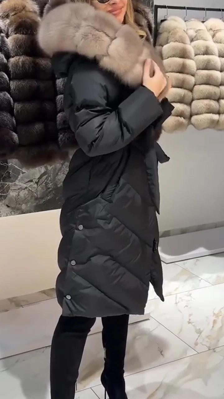 Nastasya - Palton Ocazional Din Bumbac Cu Guler Din Blană