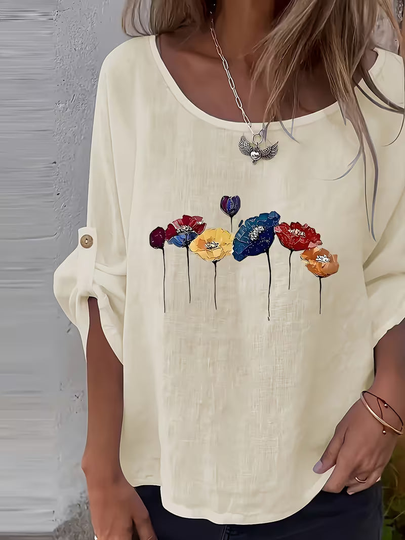 Sheril – Bluză Largă cu Mâneci cu Bandă de Rulare și Imprimeu Floral