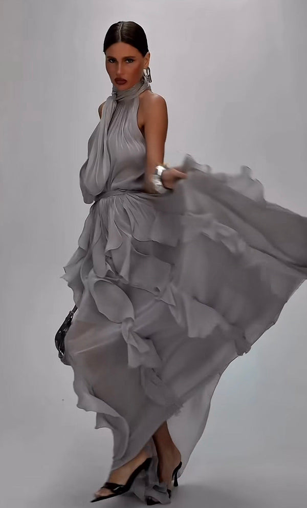 Nataly - Rochie Lungă Cu Volane În Cascadă