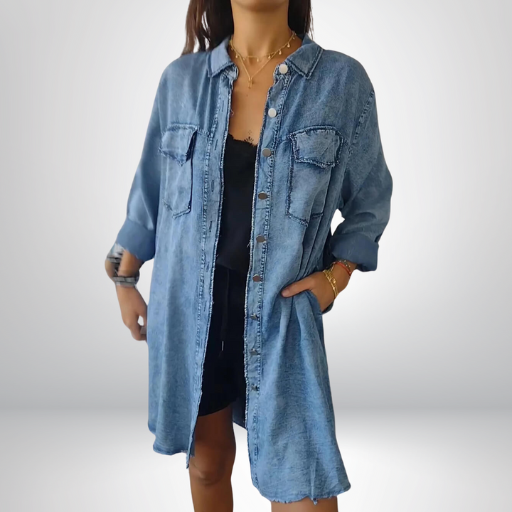 Krystyna - Jacheta Elegantă Din Denim cu Mâneci Lungi și Guler
