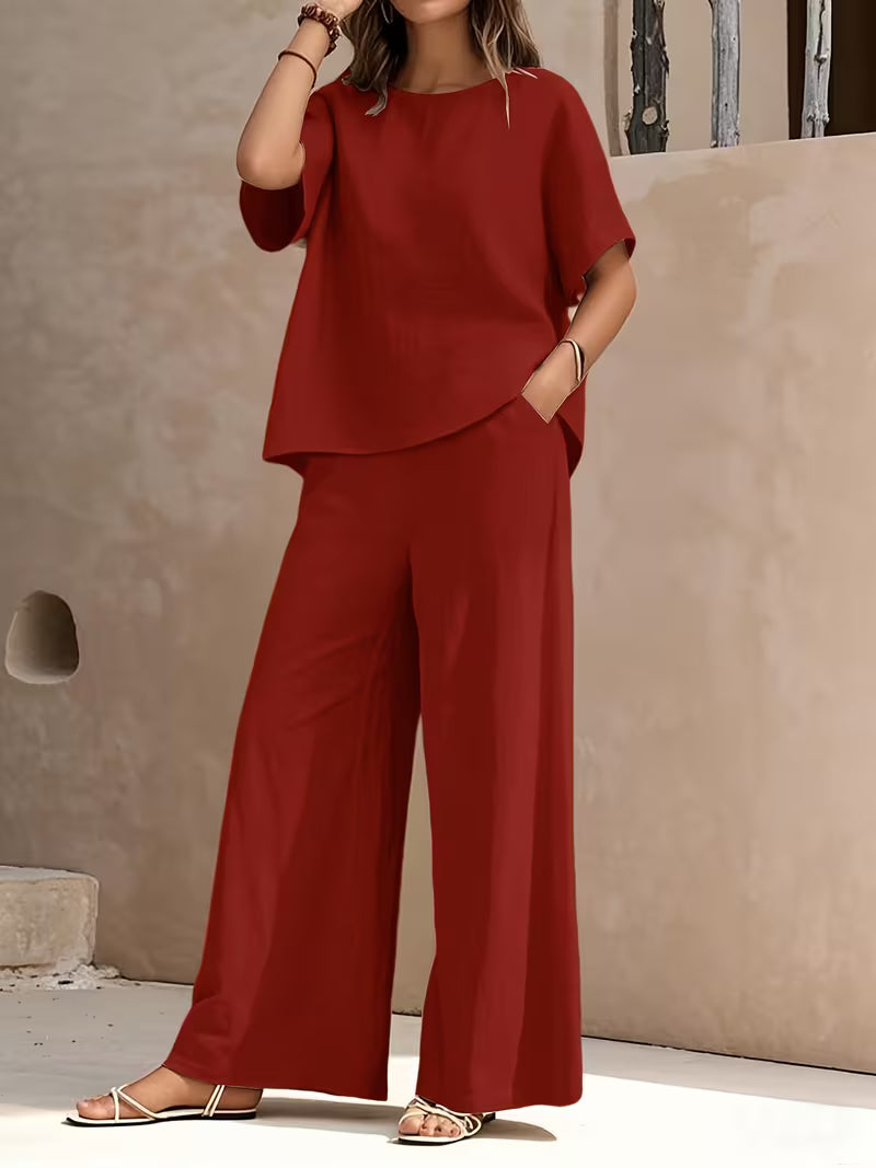 Josy - Set Compus Din Bluză cu Mâneci Scurte și Pantaloni cu Croi Larg