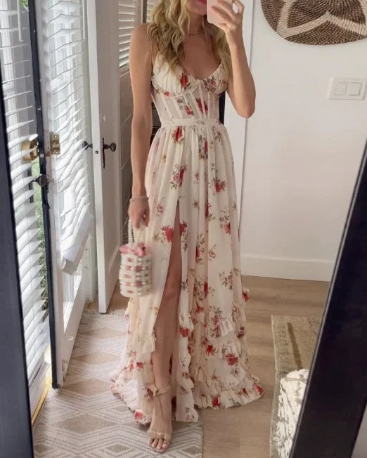 Vincena - Rochie Maxi cu Imprimeu Floral și Volane La Tiv