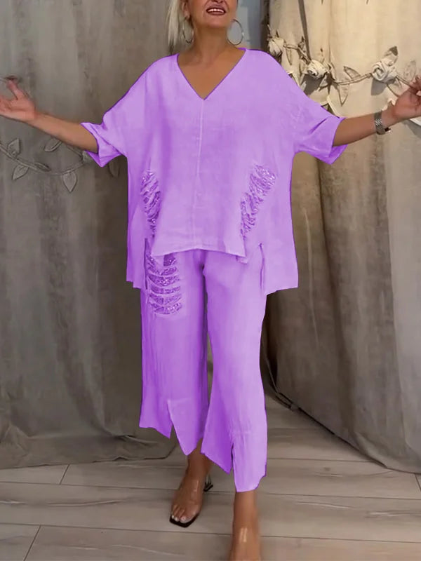 Himashi - Costum Elegant Din Două Piese Din Bumbac și In Cu Decolteu în V