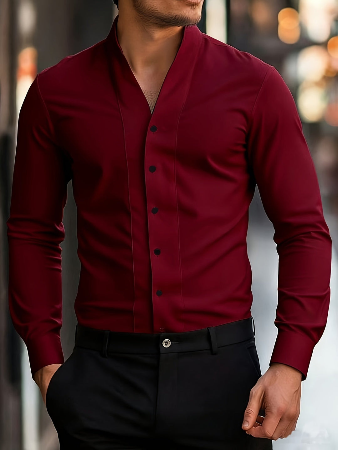 Almasbek - Cămașă Cu Mâneci Lungi Croială Slim Fit Și Decolteu În V