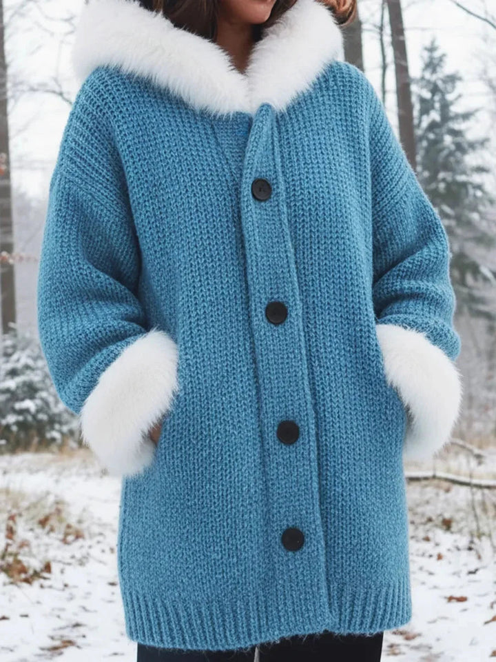 Nodia - Palton Cu Glugă Tricotat Cu Bordură Din Blană Artificială