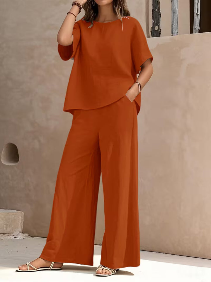Josy - Set Compus Din Bluză cu Mâneci Scurte și Pantaloni cu Croi Larg