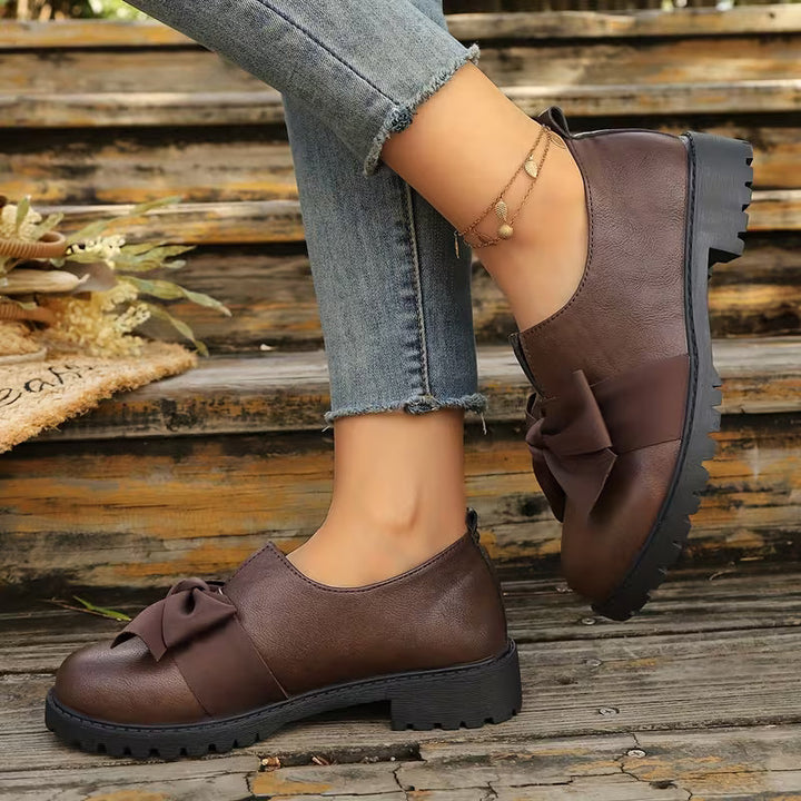 Nargiza - Mocasini Eleganți Cu Vârf Rotund Talpă Groasă Și Fundă Decorativă