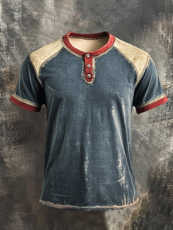 Tricou Cu Guler Henley și Mâneci Scurte în Culori Retro Pentru Bărbați
