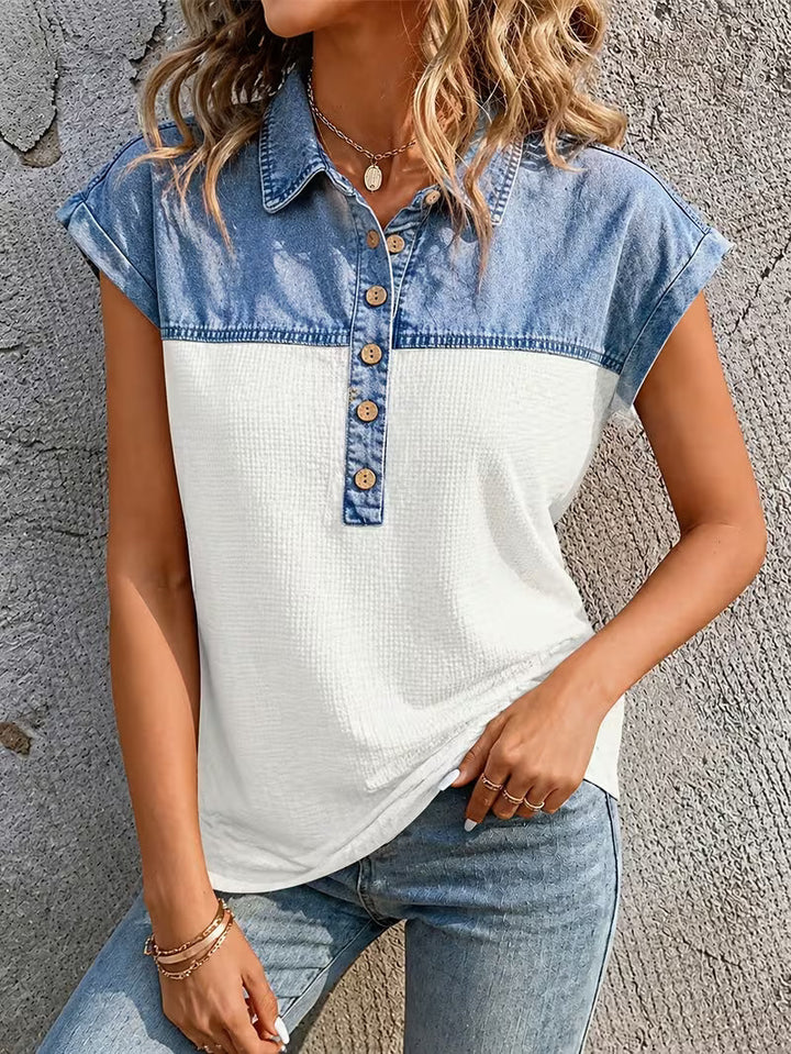 Haily - Bluză Casual Din Denim cu Guler Patchwork și Mâneci scurte