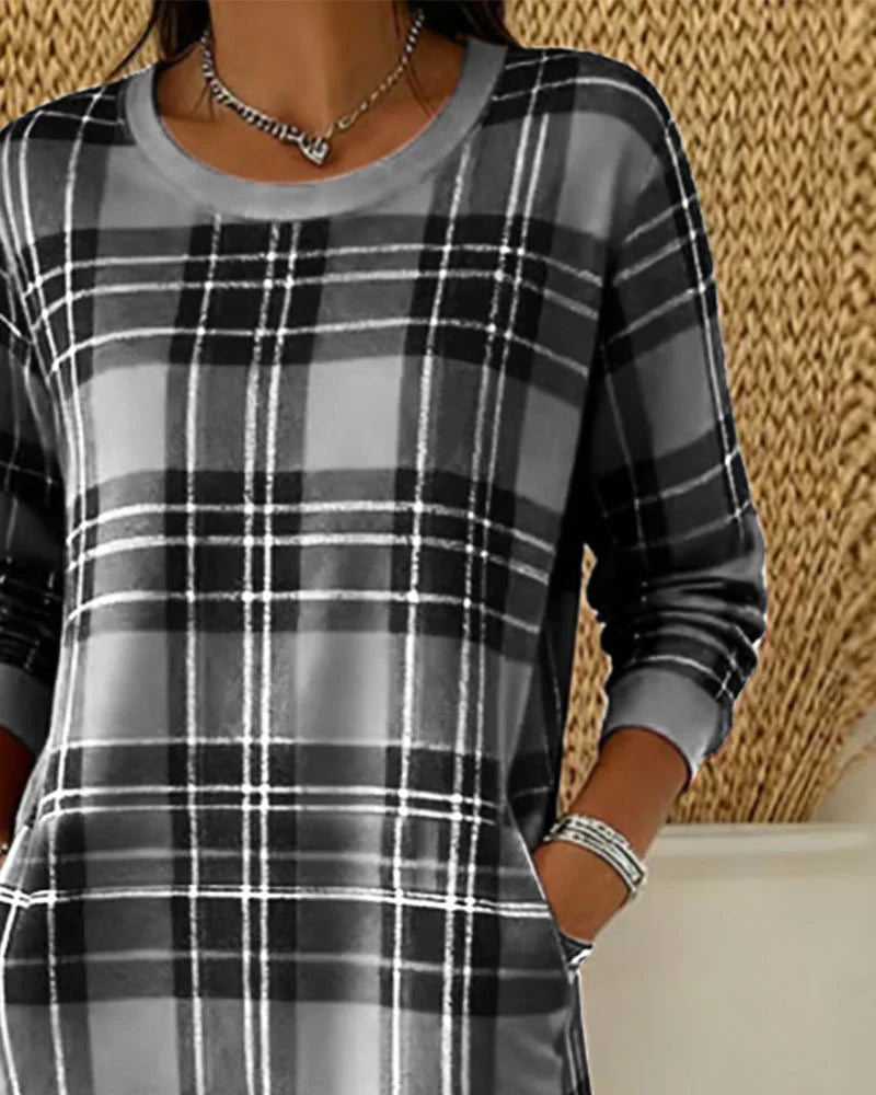 Eleven - Rochie Din Tricou în Carouri Cu Mâneci Lungi