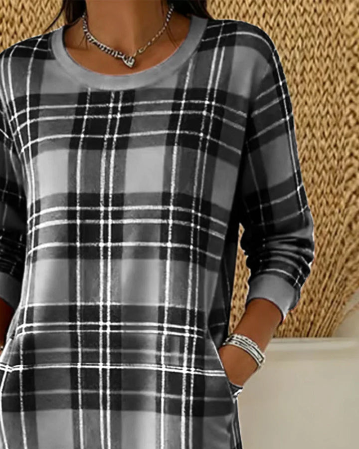 Eleven - Rochie Din Tricou în Carouri Cu Mâneci Lungi