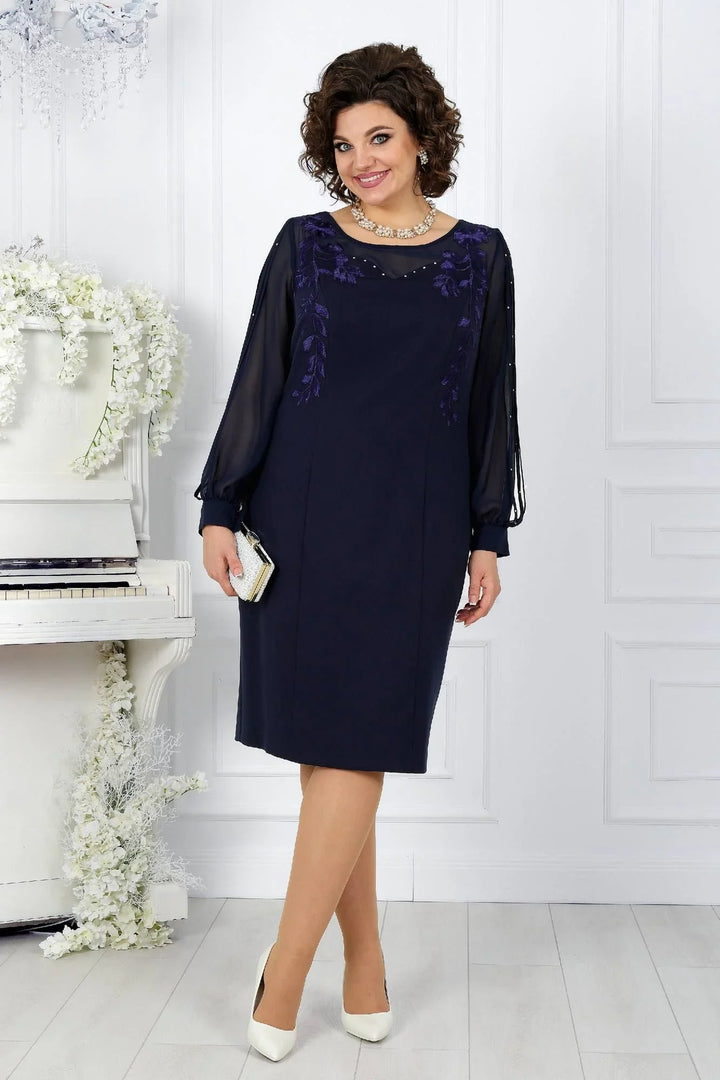 Katreen - Rochie Elegantă Cu Mâneci Lungi Si Broderie Florală