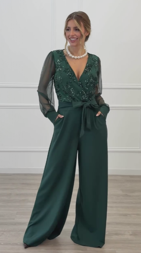 Meira - Salopetă cu Mâneci Lungi Din Plasă cu Ornamente