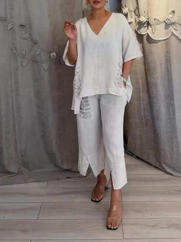 Himashi - Costum Elegant Din Două Piese Din Bumbac și In Cu Decolteu în V