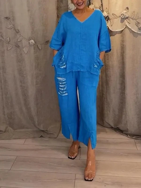 Himashi - Costum Elegant Din Două Piese Din Bumbac și In Cu Decolteu în V