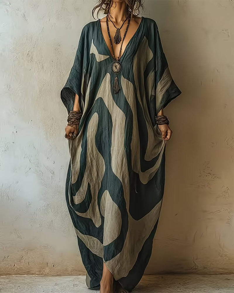 Valarien - Rochie Maxi Lejeră Cu Decolteu În V Și Model Abstract