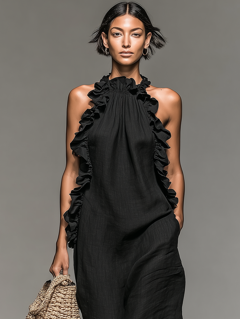 Fiora – Rochie Lungă Fără Mâneci, Cu Volane, Gât Halter Și Buzunare