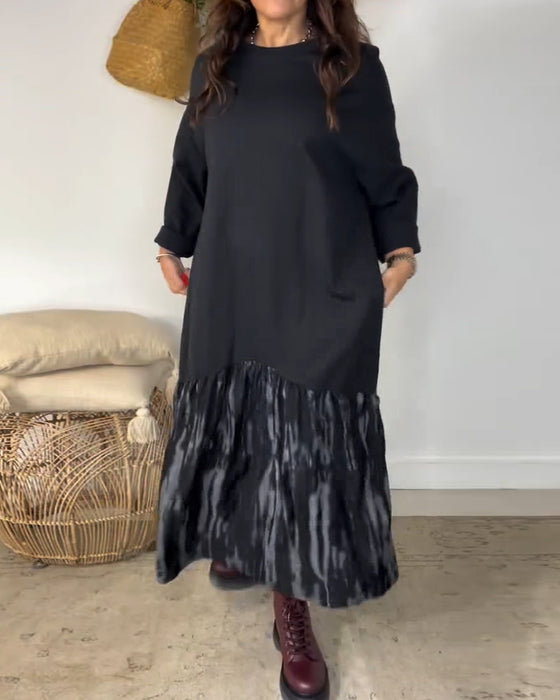 Dragica - Rochie Cu Guler Rotund și Imprimeu Patchwork Neregulat