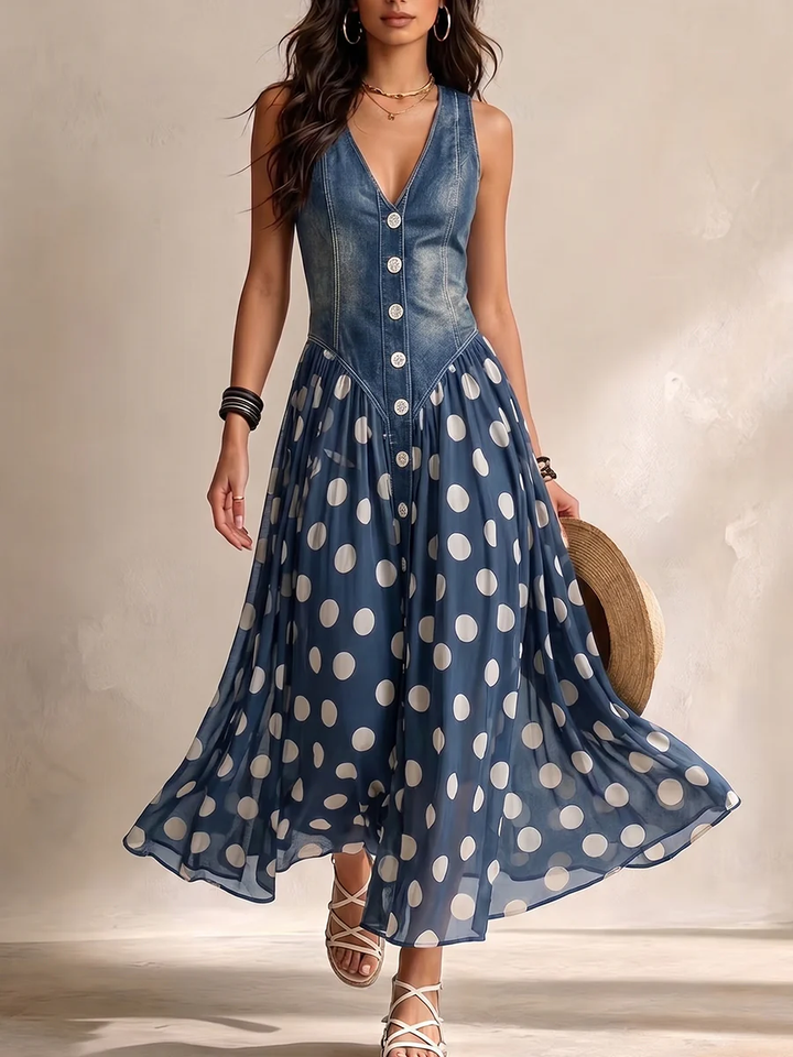 Vylina – Rochie din denim cu fustă din șifon cu buline