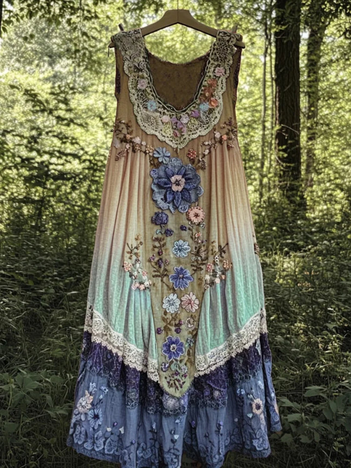 Evabella - Rochie Fără Mâneci Din In, Cu Imprimeu Patchwork