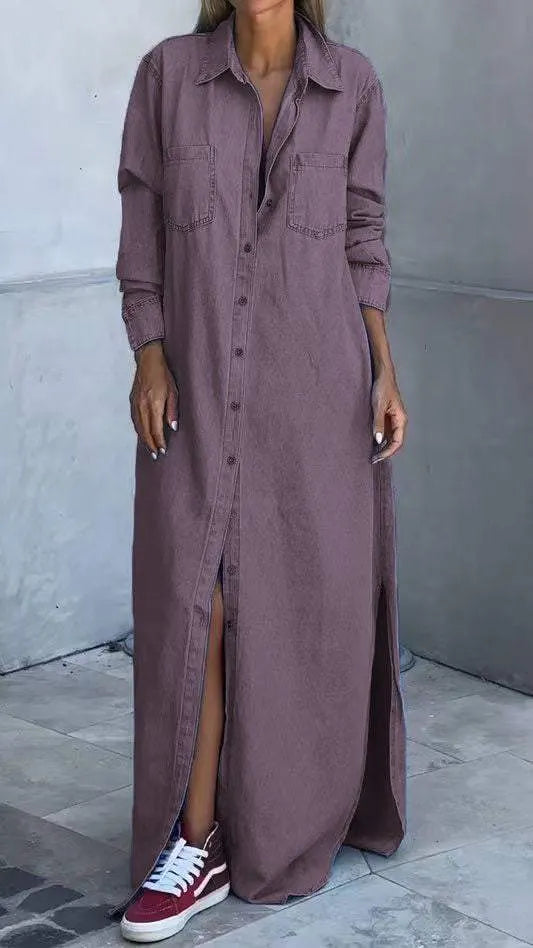 Chondona - Rochie Din Denim Cu Mâneci Lungi Și Revere